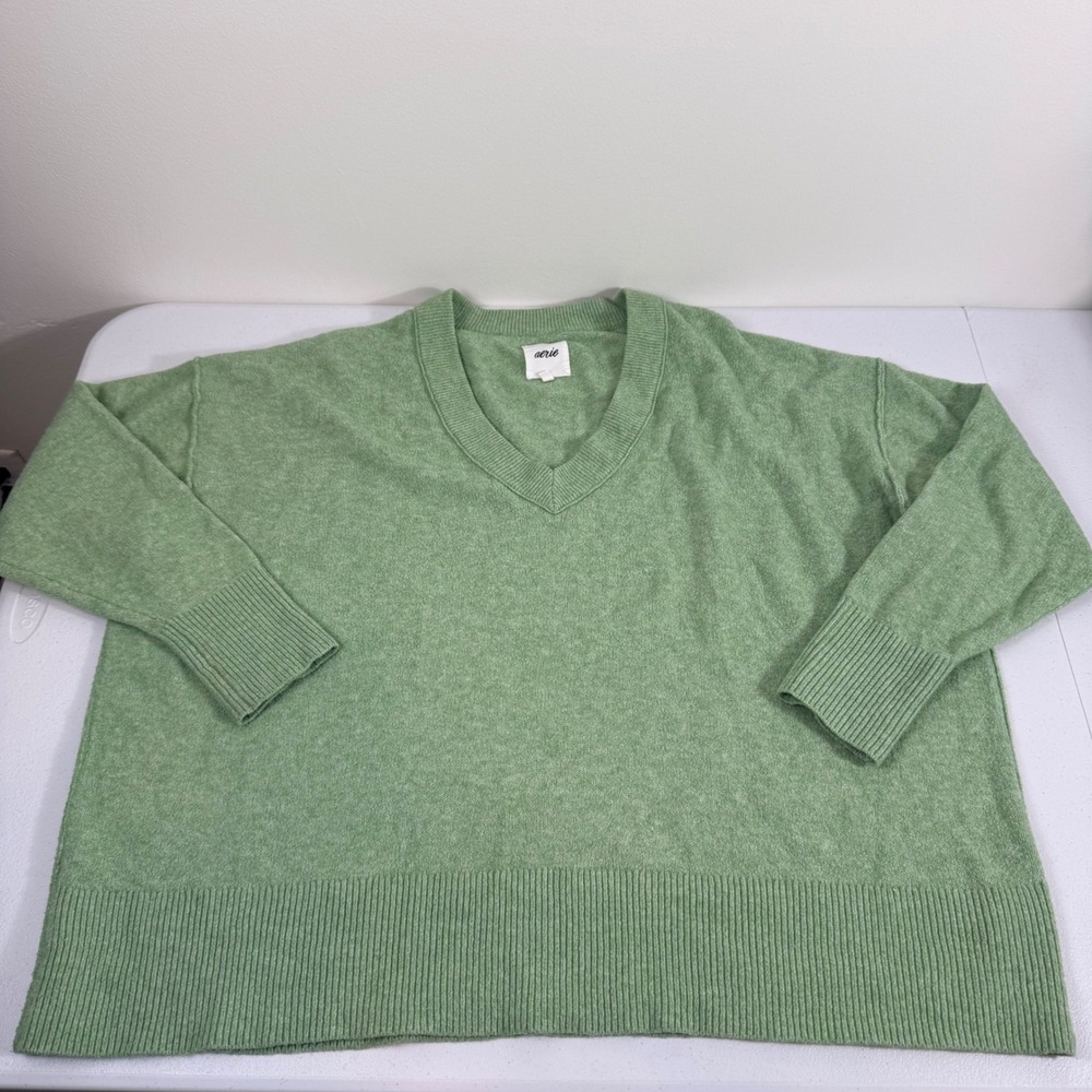 Aerie Womens XL Sage Green Oversized V-Neck Ribbed Knit Sweater Dropped Shoulder